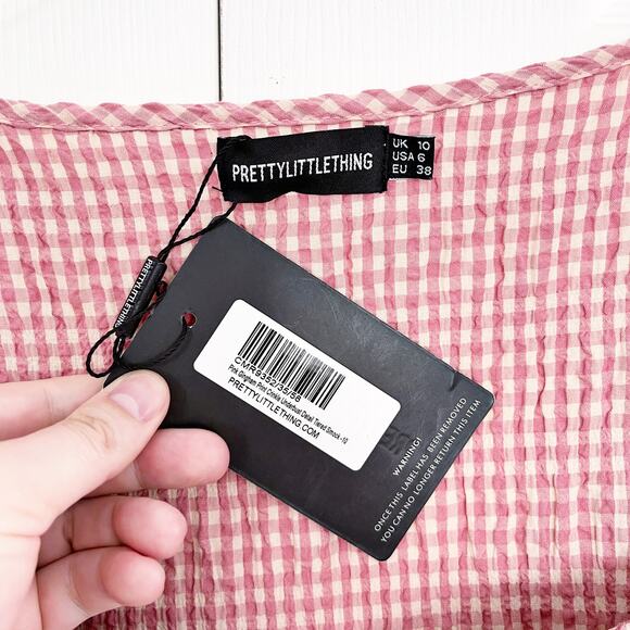 PrettyLittleThing Pink Gingham Print Crinkle Underbust Detail Tiered Smock Dress - Picture 3 of 8